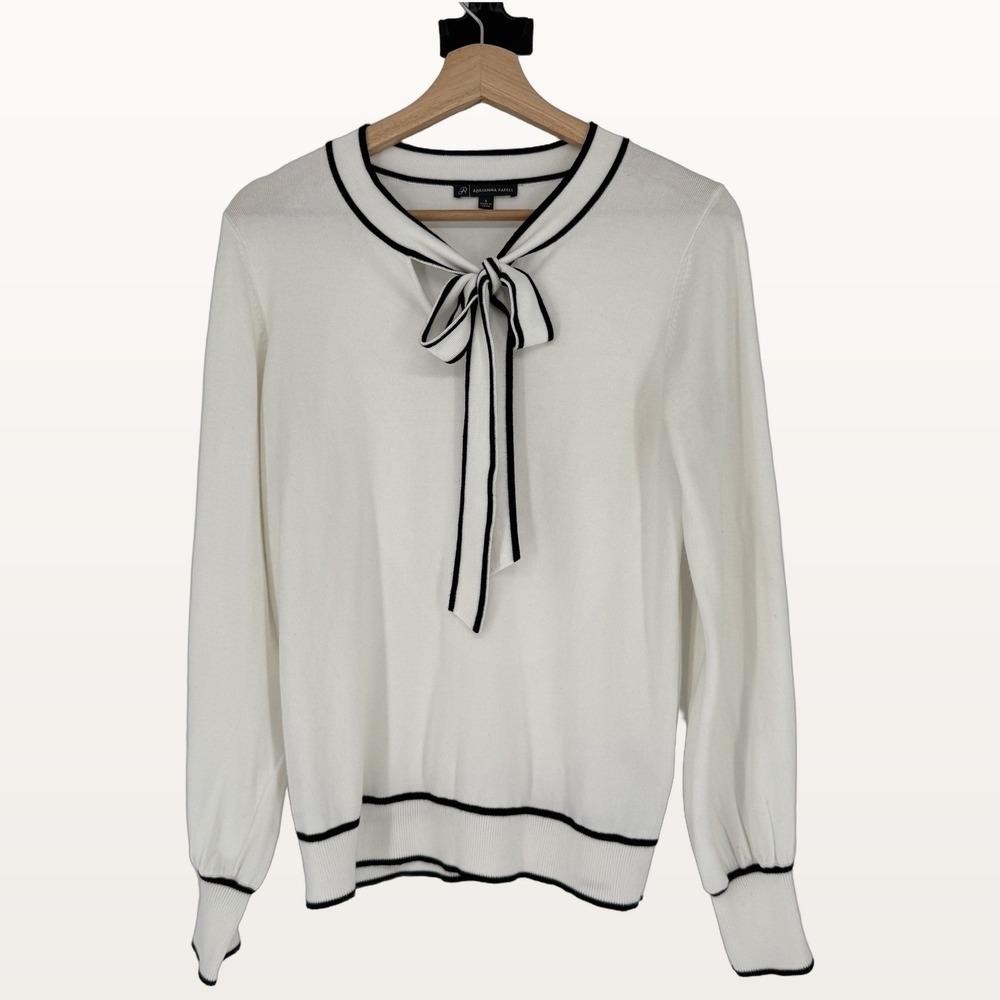 Adrianna Papell Tie Neck Bow Sweater S White Black Contrast Trim Preppy Coquette